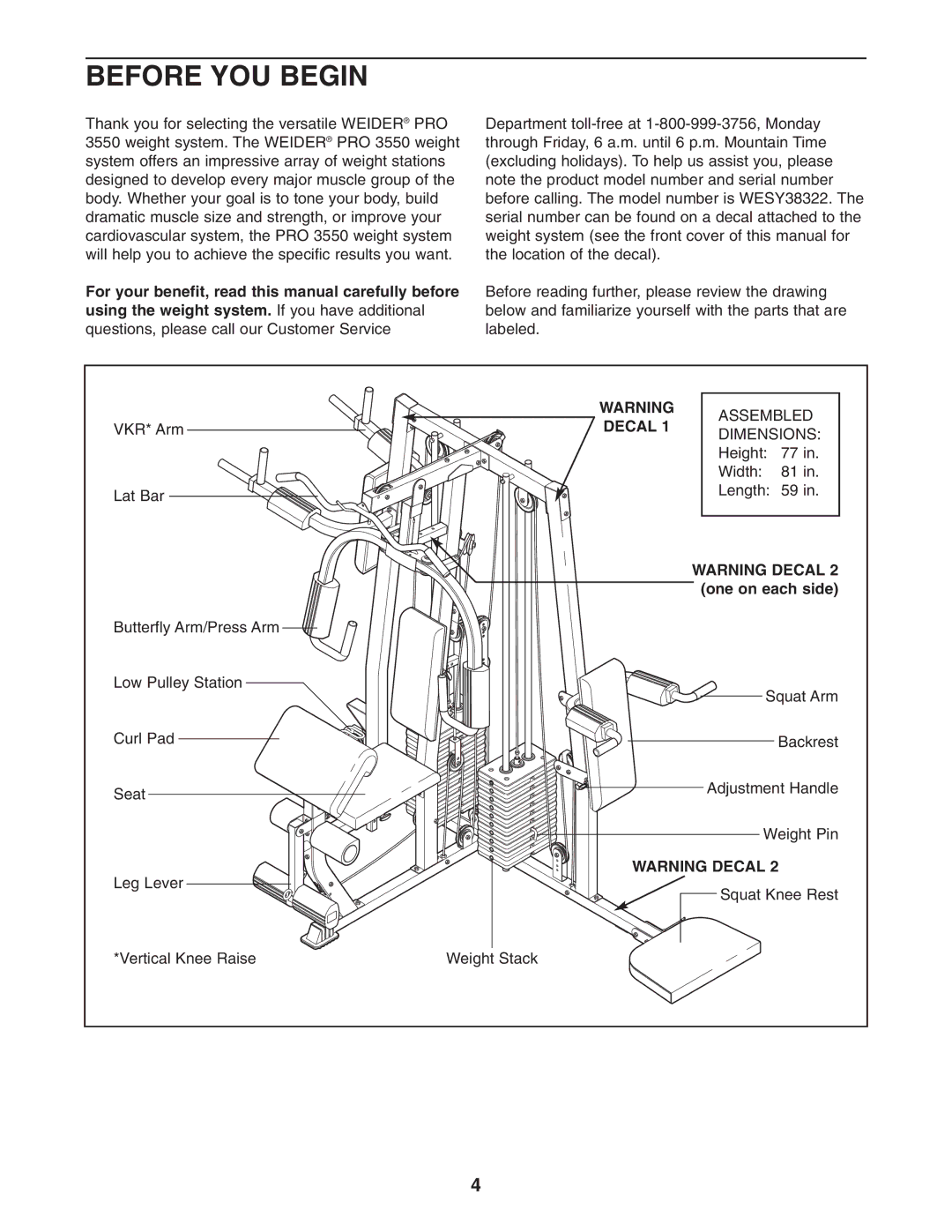 Weider WESY38322 user manual Before YOU Begin, Decal, One on each side 