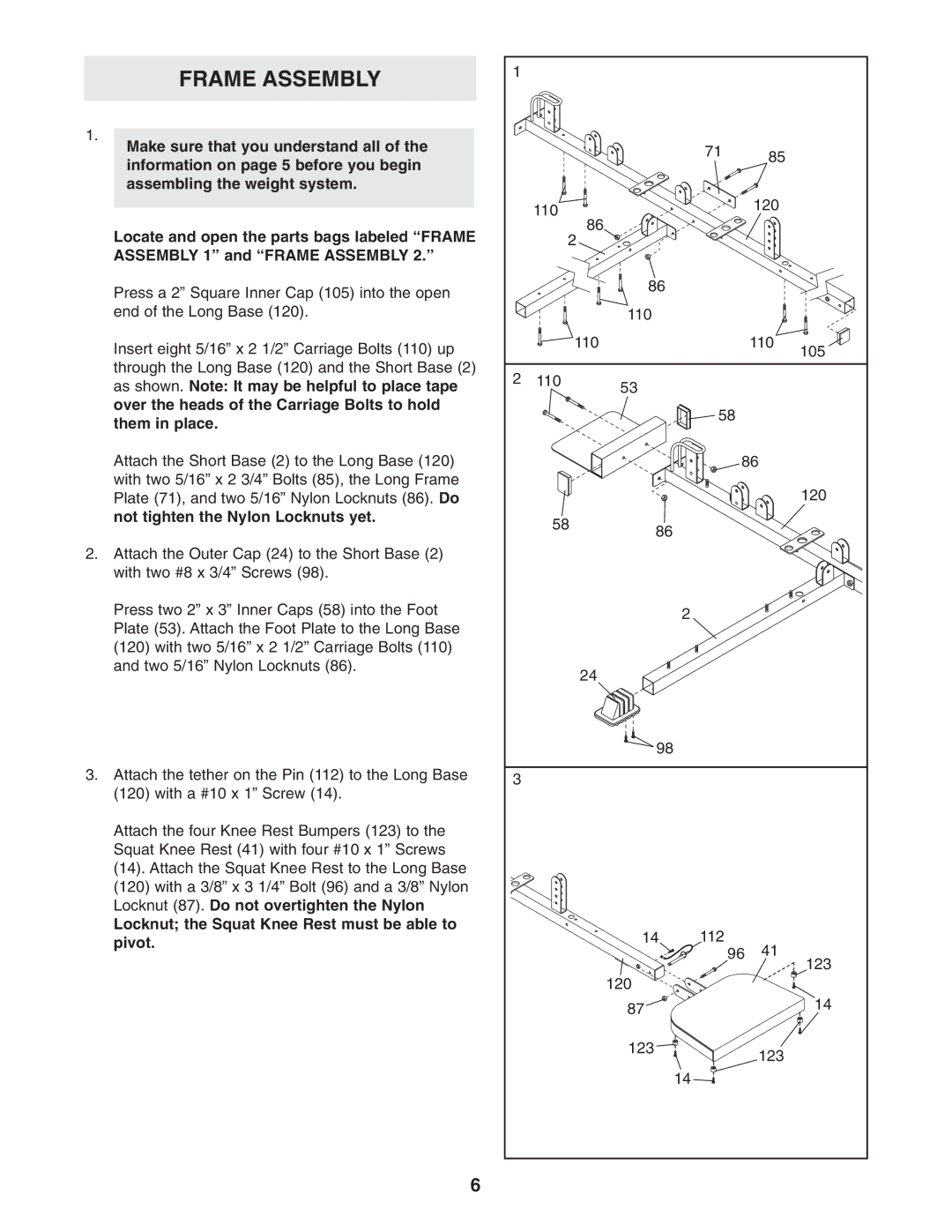 Weider WESY38322 user manual Frame Assembly, Locknut the Squat Knee Rest must be able to pivot 