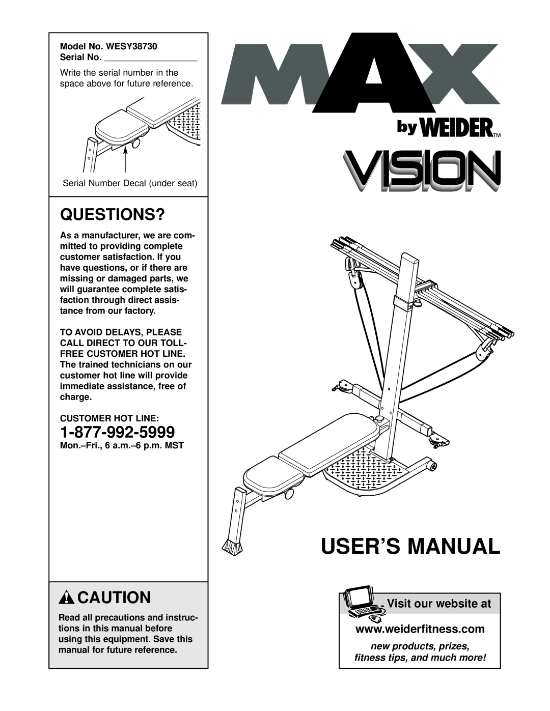 Weider user manual Questions?, Model No. WESY38730 Serial No, Customer HOT Line 