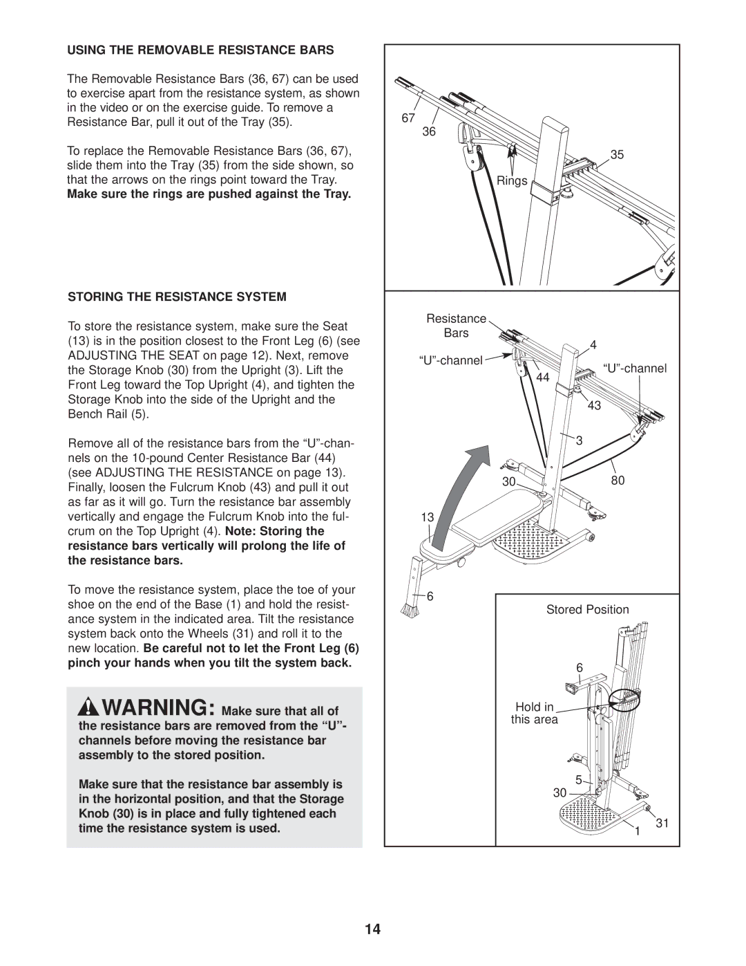 Weider WESY38730 user manual Using the Removable Resistance Bars, Make sure the rings are pushed against the Tray 