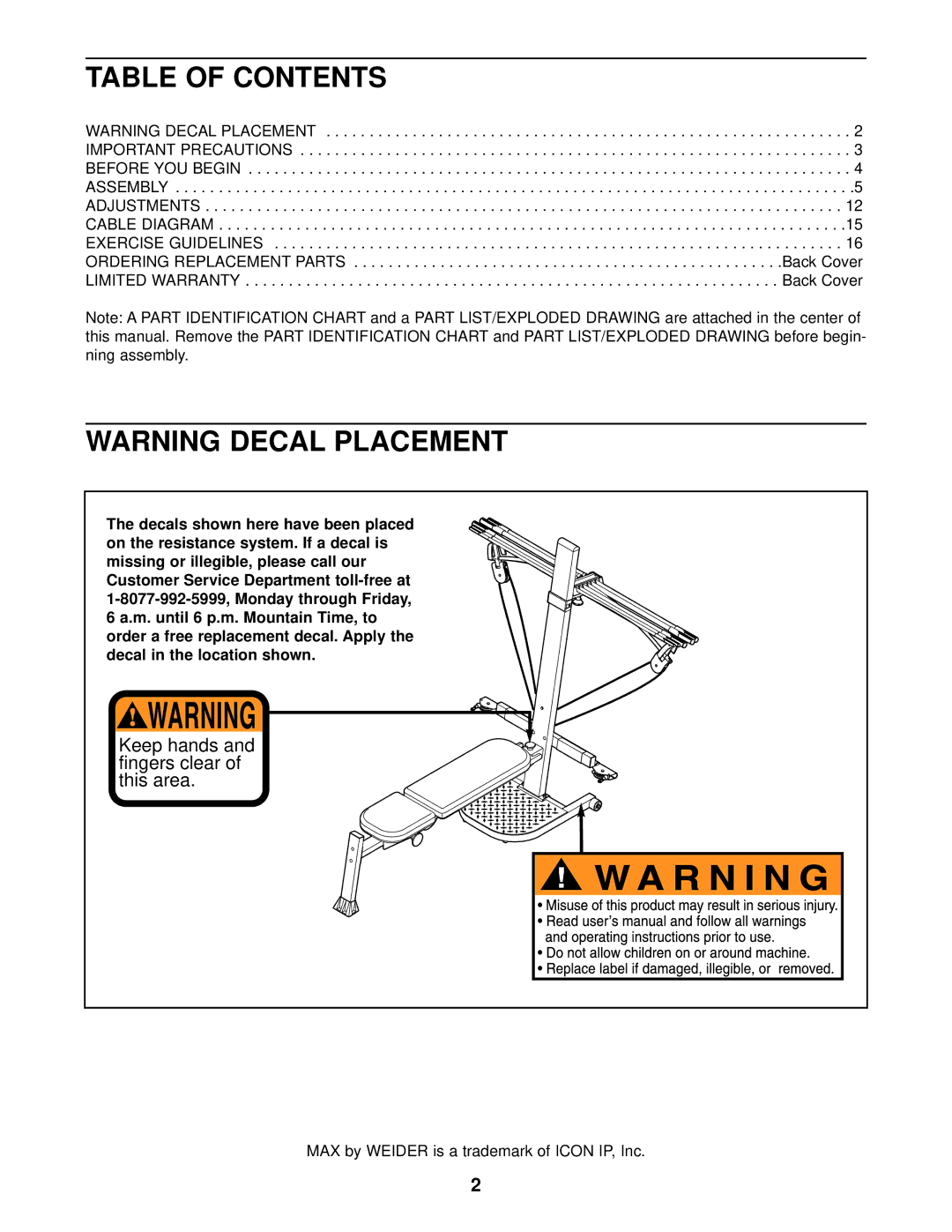 Weider WESY38730 user manual Table of Contents 