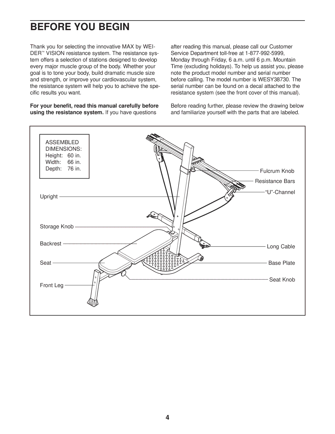 Weider WESY38730 user manual Before YOU Begin, Assembled Dimensions 