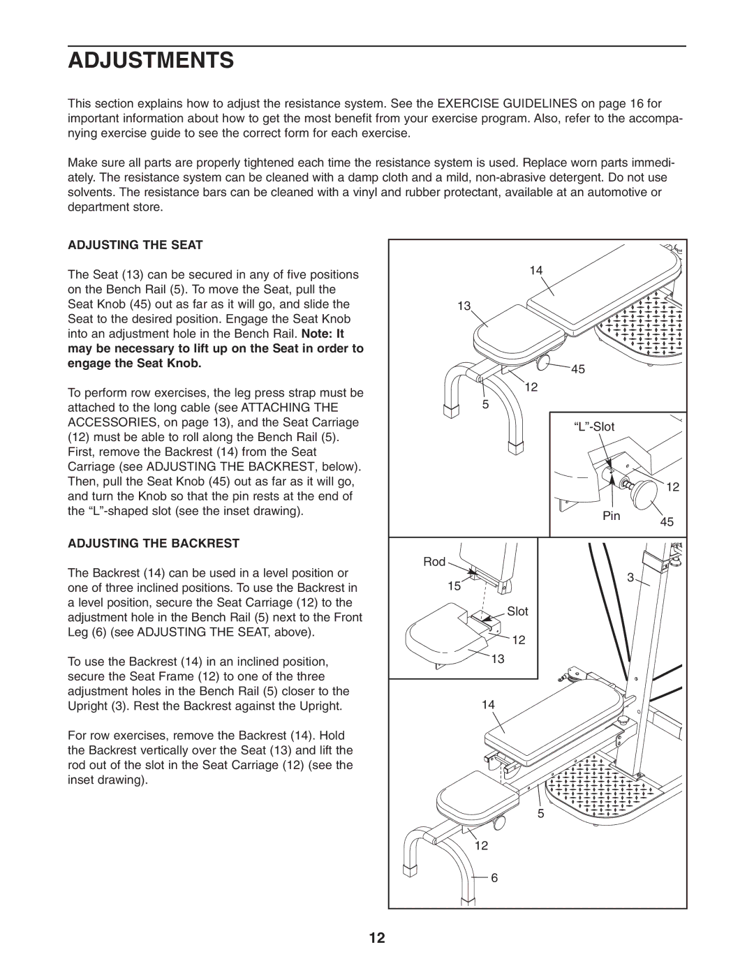 Weider WESY3873.2 user manual Adjustments, Adjusting the Seat, Adjusting the Backrest 