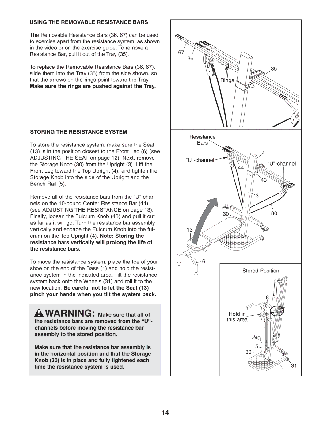 Weider WESY3873.2 user manual Using the Removable Resistance Bars, Make sure the rings are pushed against the Tray 