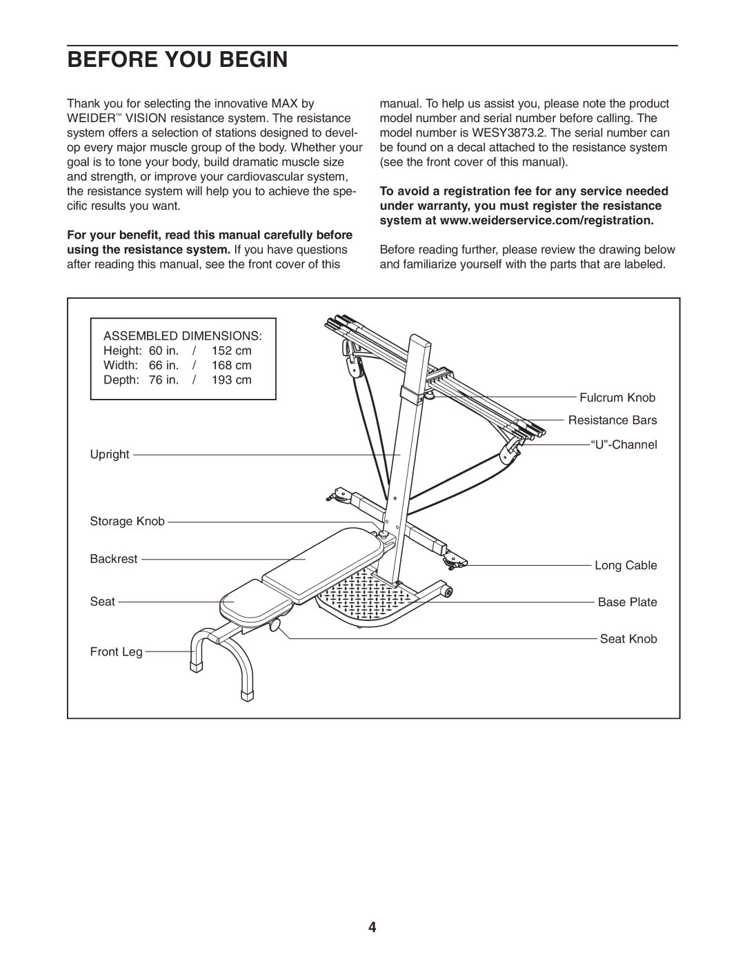 Weider WESY3873.2 user manual Before YOU Begin, Assembled Dimensions 