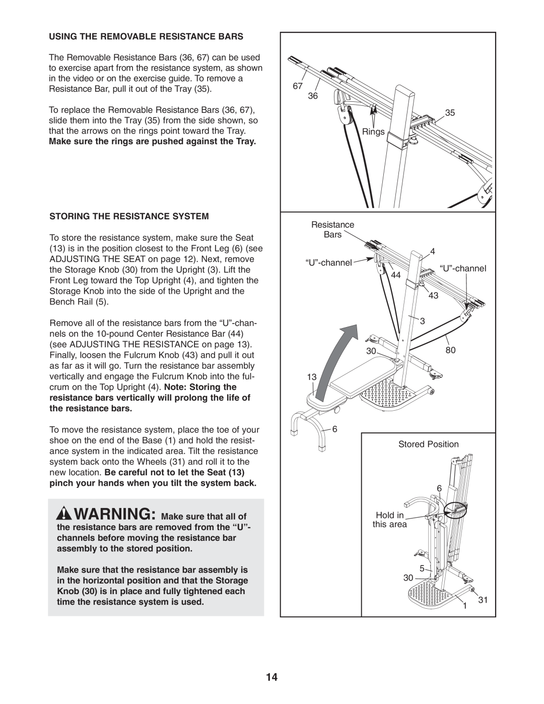 Weider WESY3873.2 user manual Using The Removable Resistance Bars, Make sure the rings are pushed against the Tray 