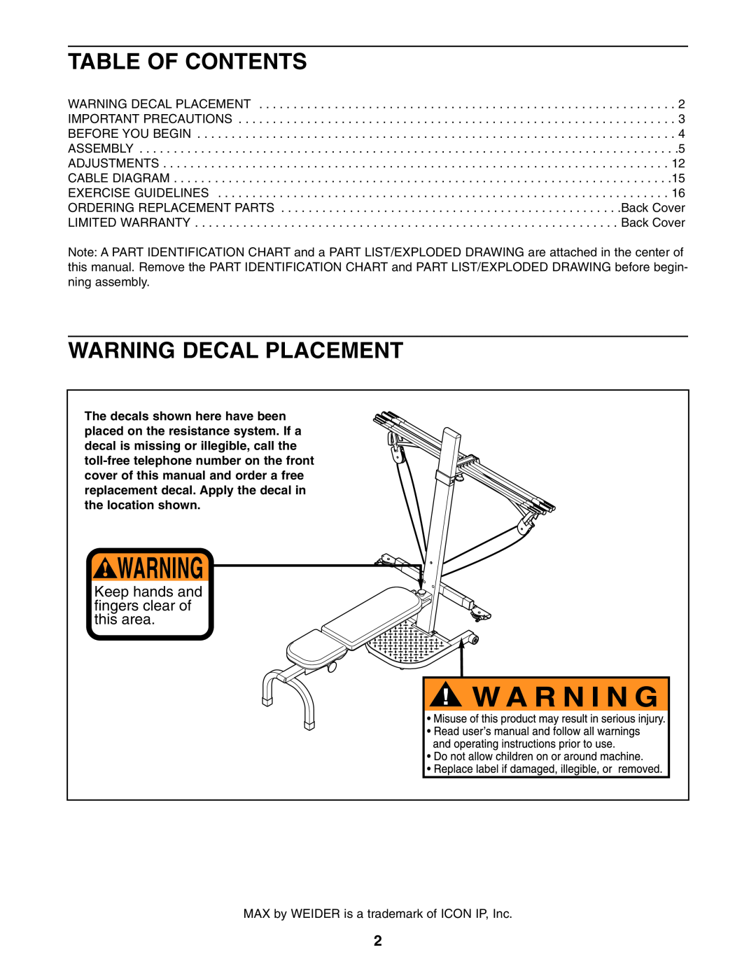 Weider WESY3873.2 user manual Table Of Contents, Warning Decal Placement, Keep hands and fingers clear of this area 