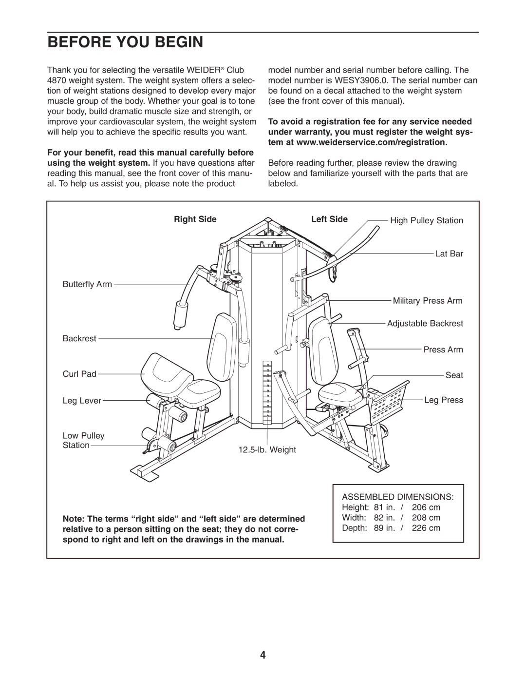 Weider WESY3906.0 user manual Before YOU Begin, Right Side, Left Side High Pulley Station 