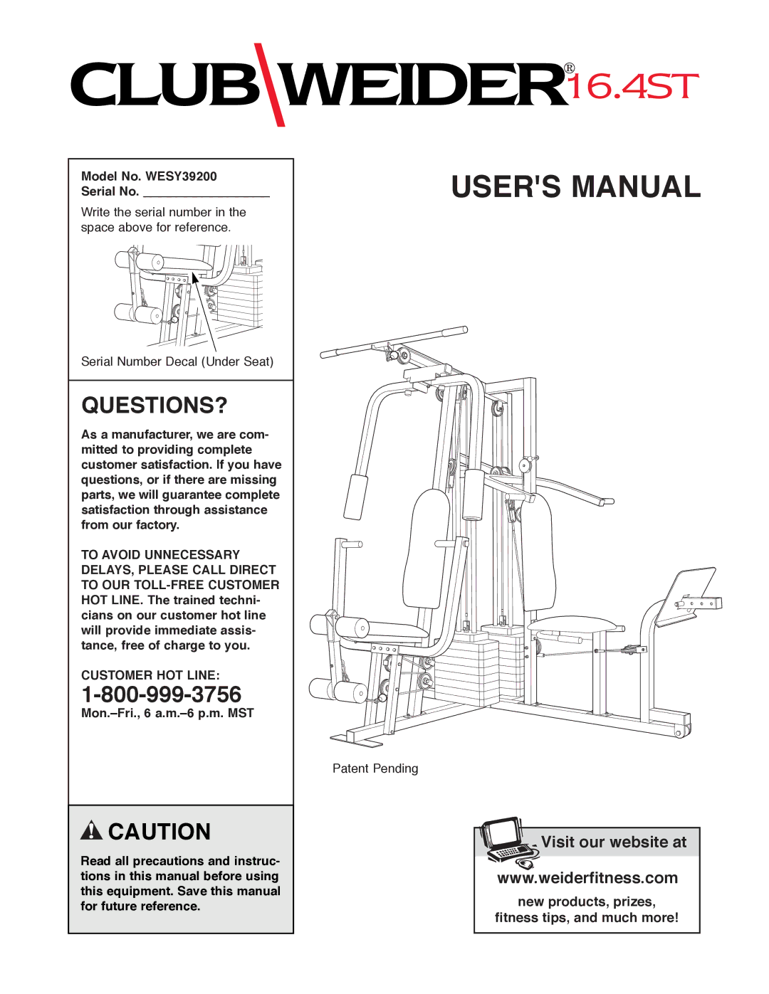 Weider user manual Questions?, Model No. WESY39200 Serial No, Customer HOT Line 