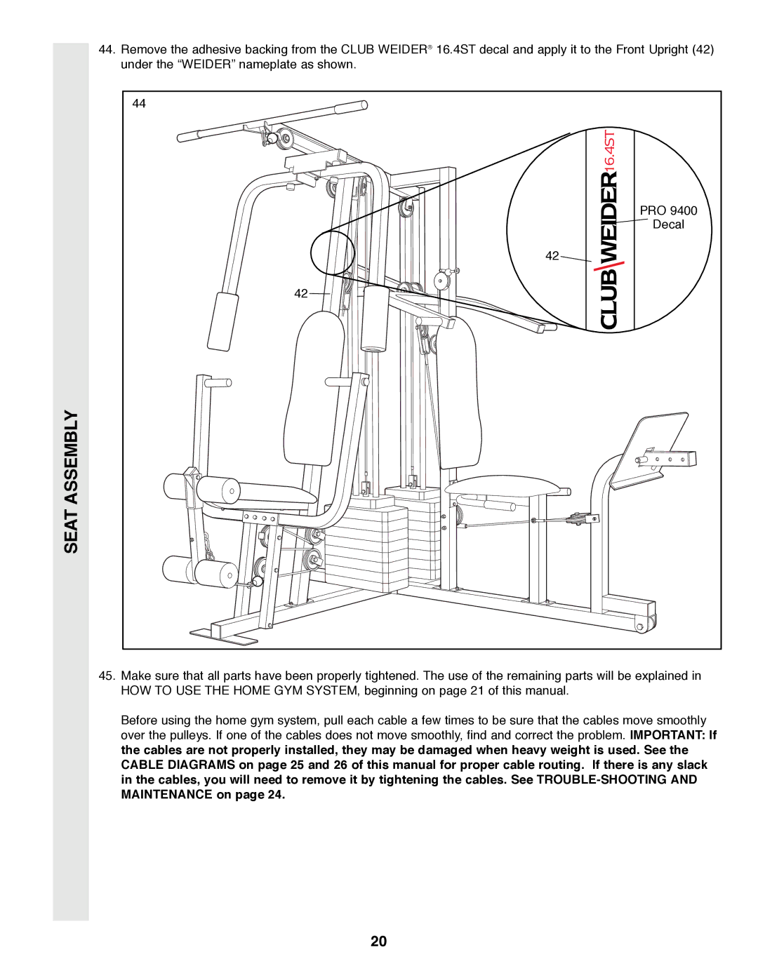 Weider WESY39200 user manual Seat Assembly 