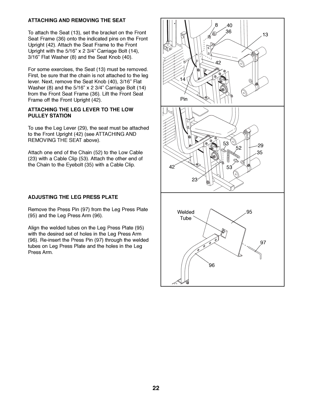 Weider WESY39200 user manual Attaching and Removing the Seat, Attaching the LEG Lever to the LOW Pulley Station 