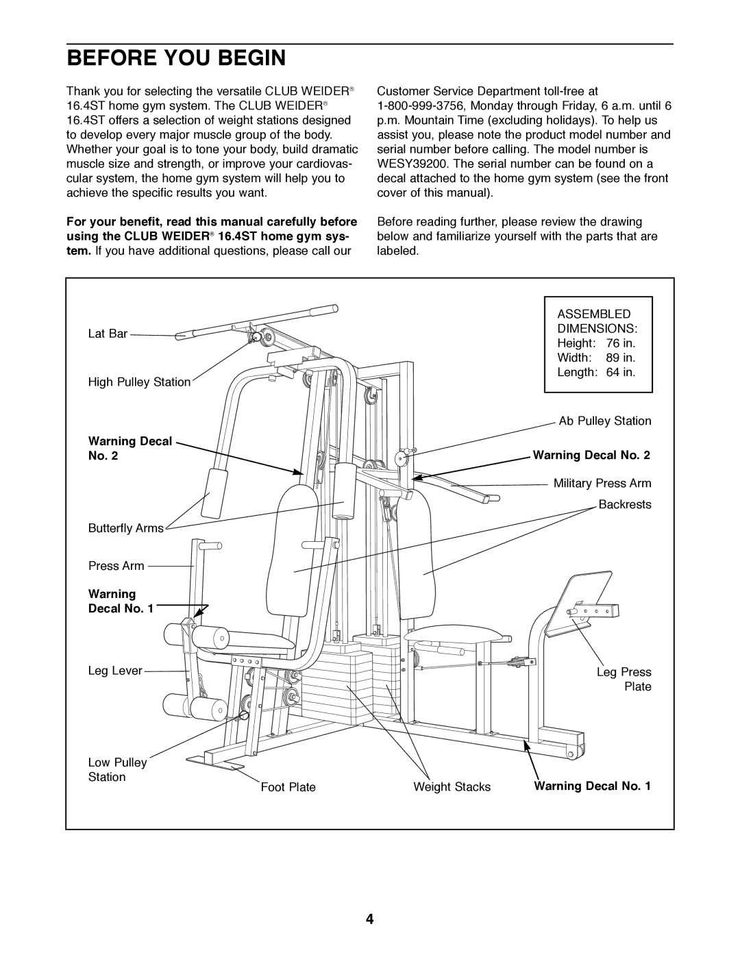 Weider WESY39200 user manual Before YOU Begin, Decal No 