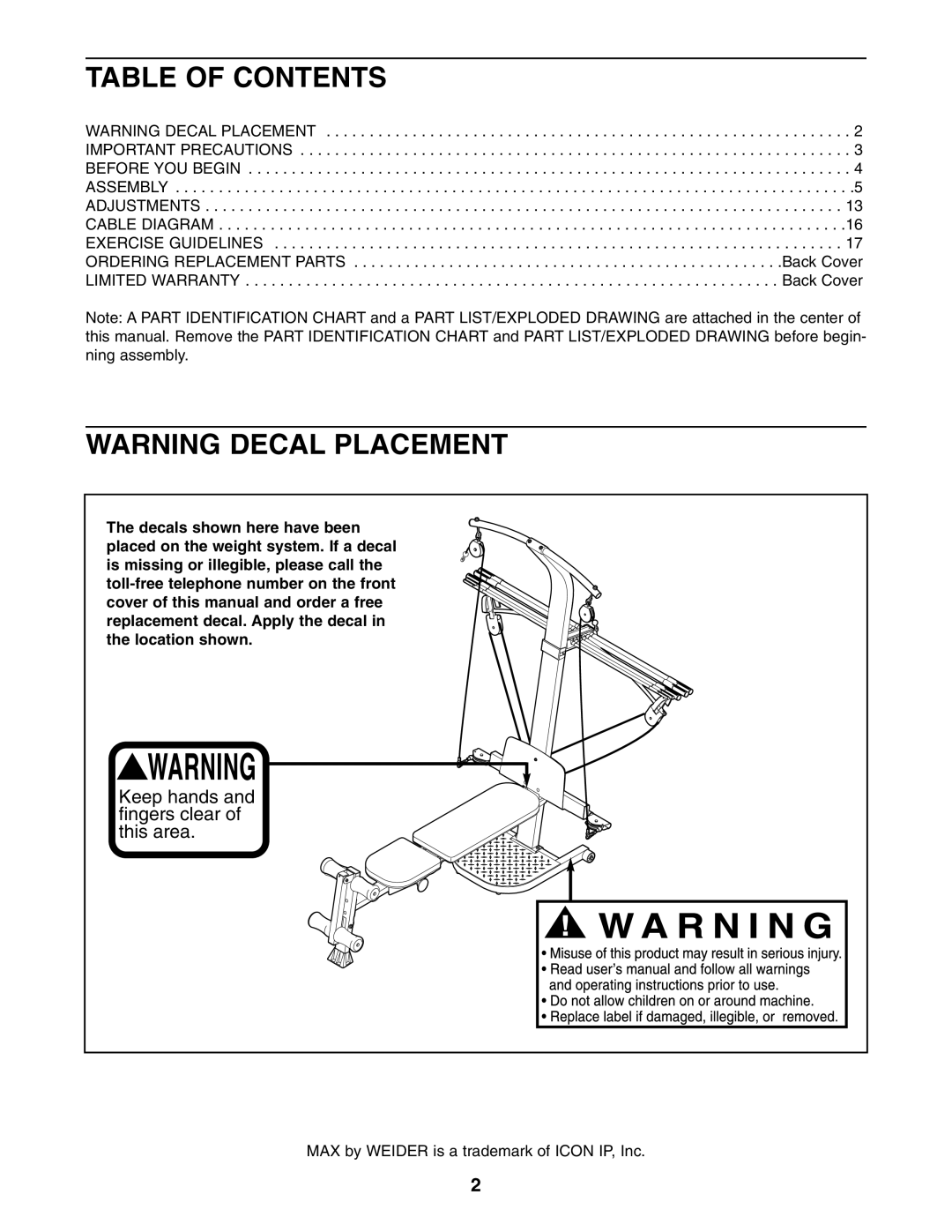 Weider WESY3924.2 user manual Table of Contents 