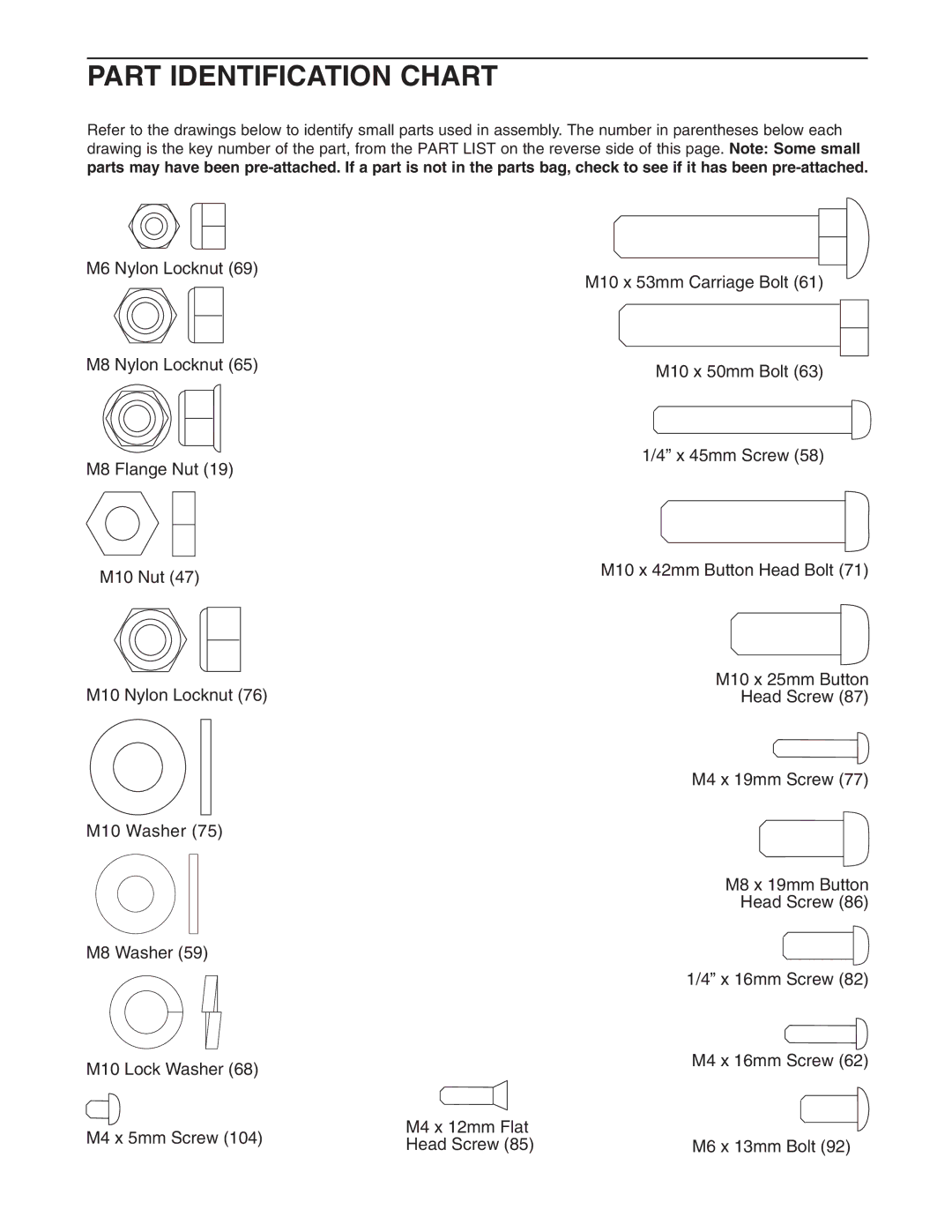 Weider WESY3924.2 user manual Part Identification Chart 