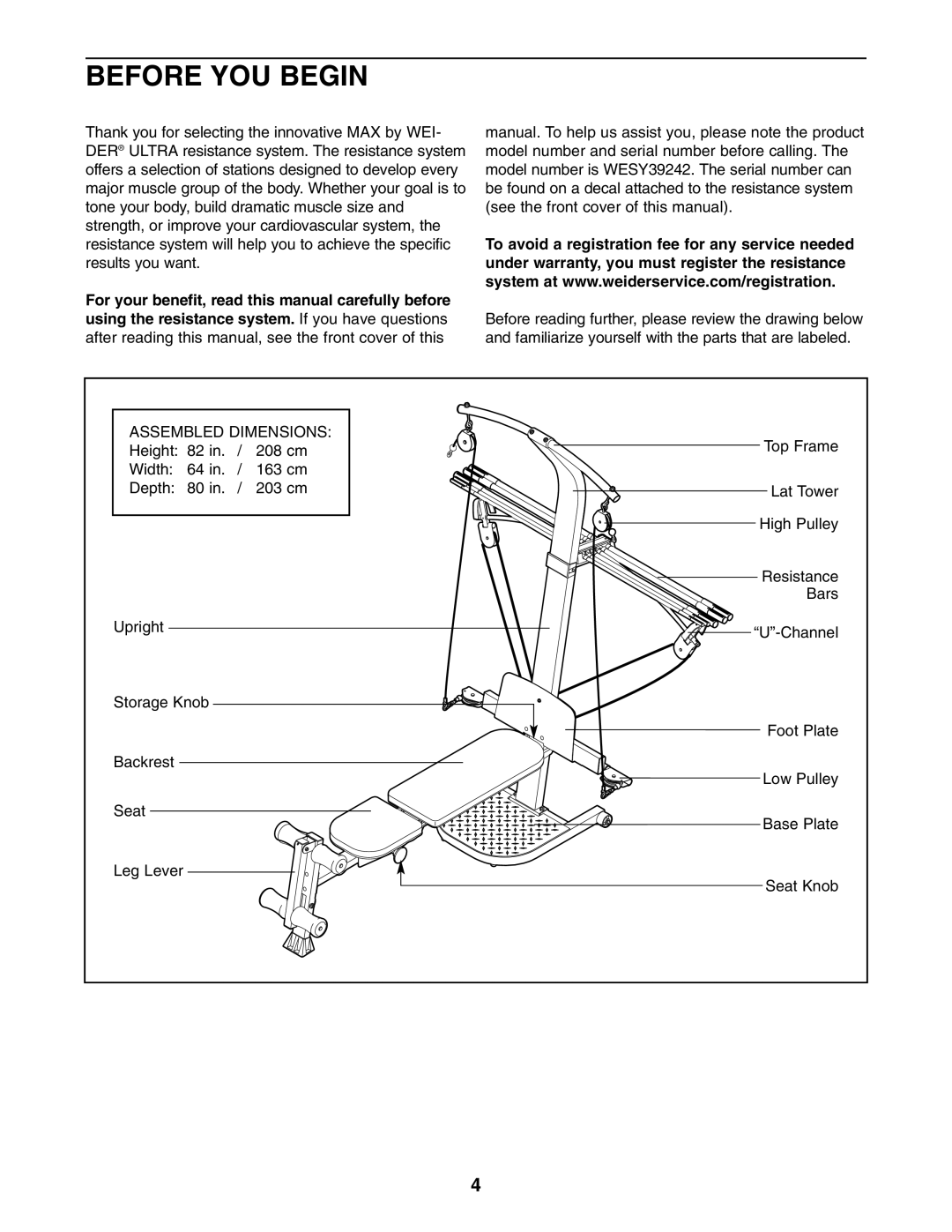 Weider WESY3924.2 user manual Before YOU Begin, Assembled Dimensions 