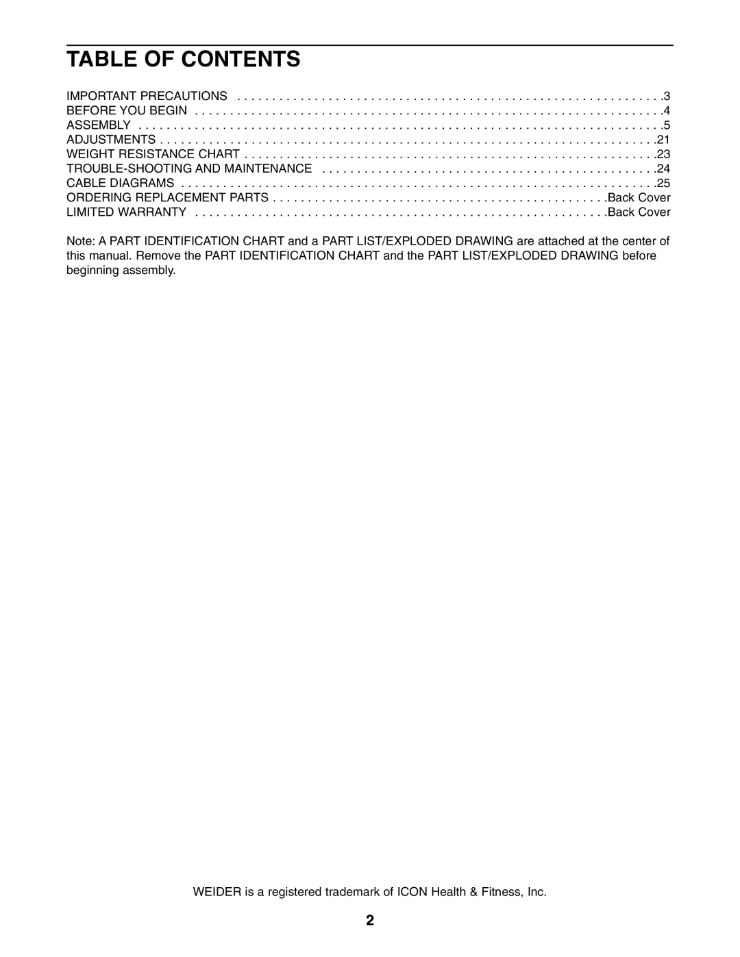 Weider WESY39310 user manual Table of Contents 