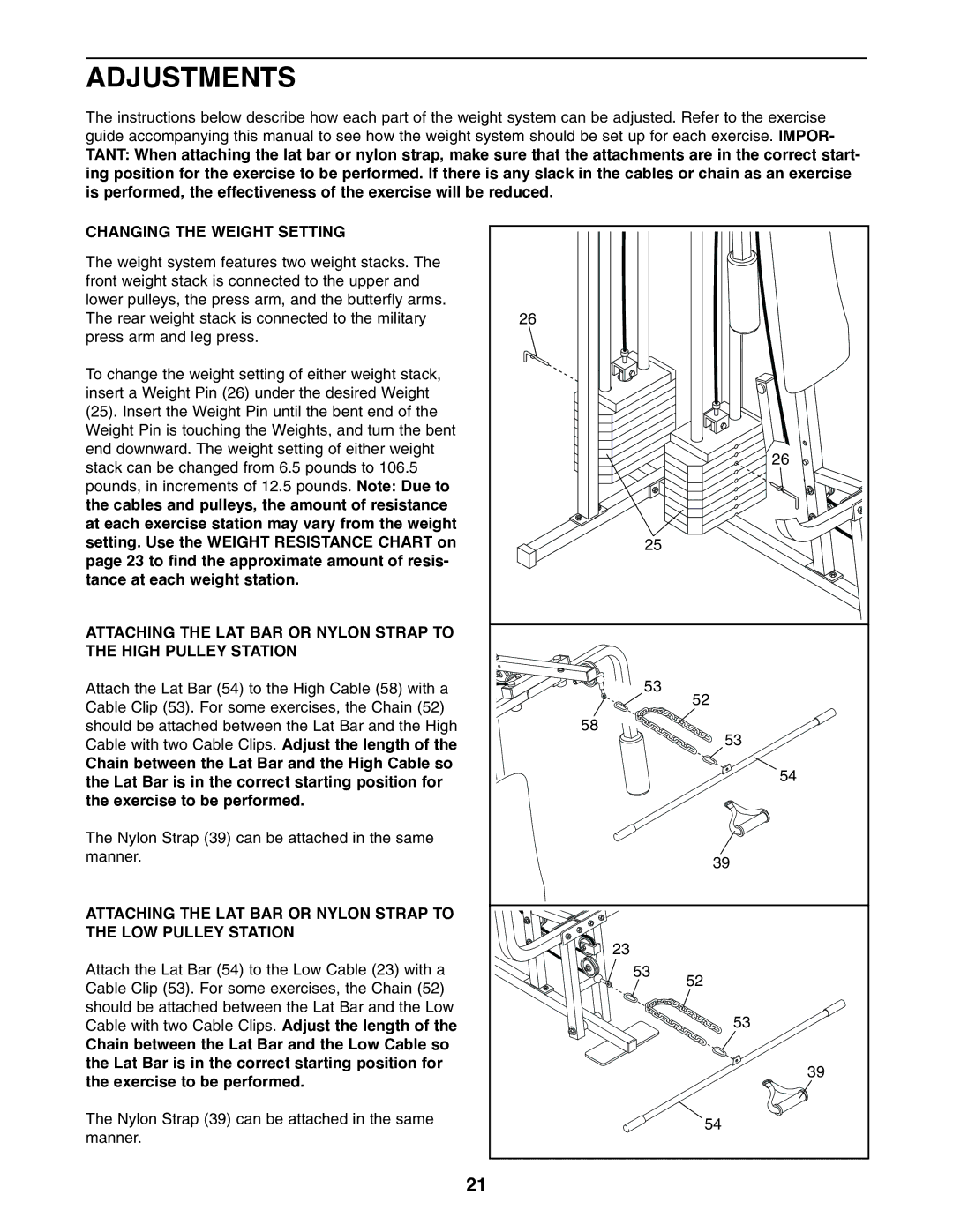 Weider WESY39310 user manual Adjustments, Changing the Weight Setting 