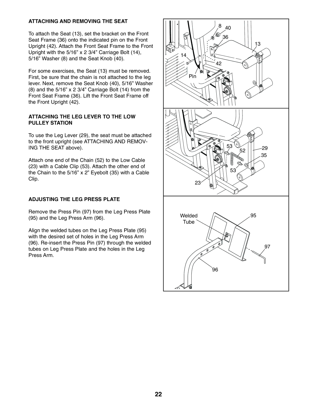 Weider WESY39310 user manual Attaching and Removing the Seat, Attaching the LEG Lever to the LOW Pulley Station 