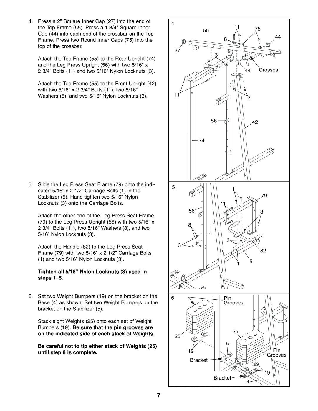 Weider WESY39310 user manual Tighten all 5/16 Nylon Locknuts 3 used in steps 