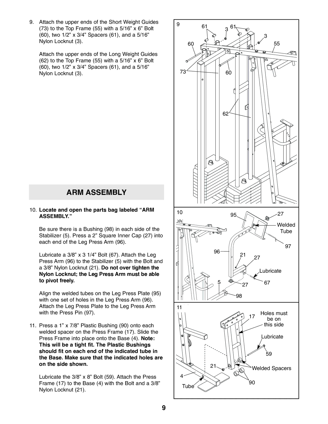 Weider WESY39310 user manual Locate and open the parts bag labeled ARM Assembly 