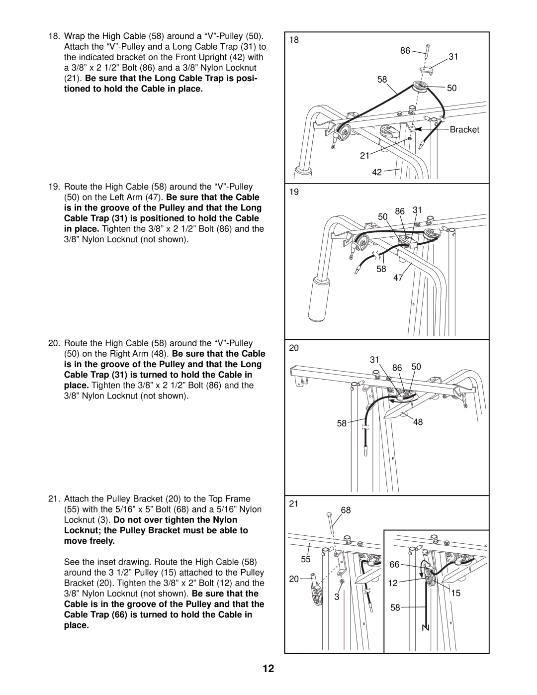 Weider WESY39311 user manual Locknut the Pulley Bracket must be able to move freely 