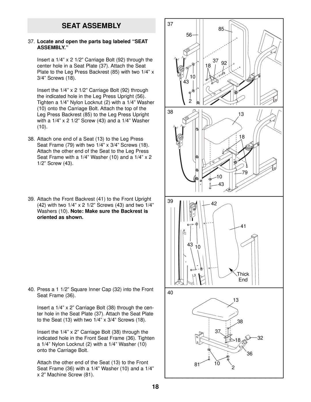 Weider WESY39311 user manual Locate and open the parts bag labeled Seat Assembly 