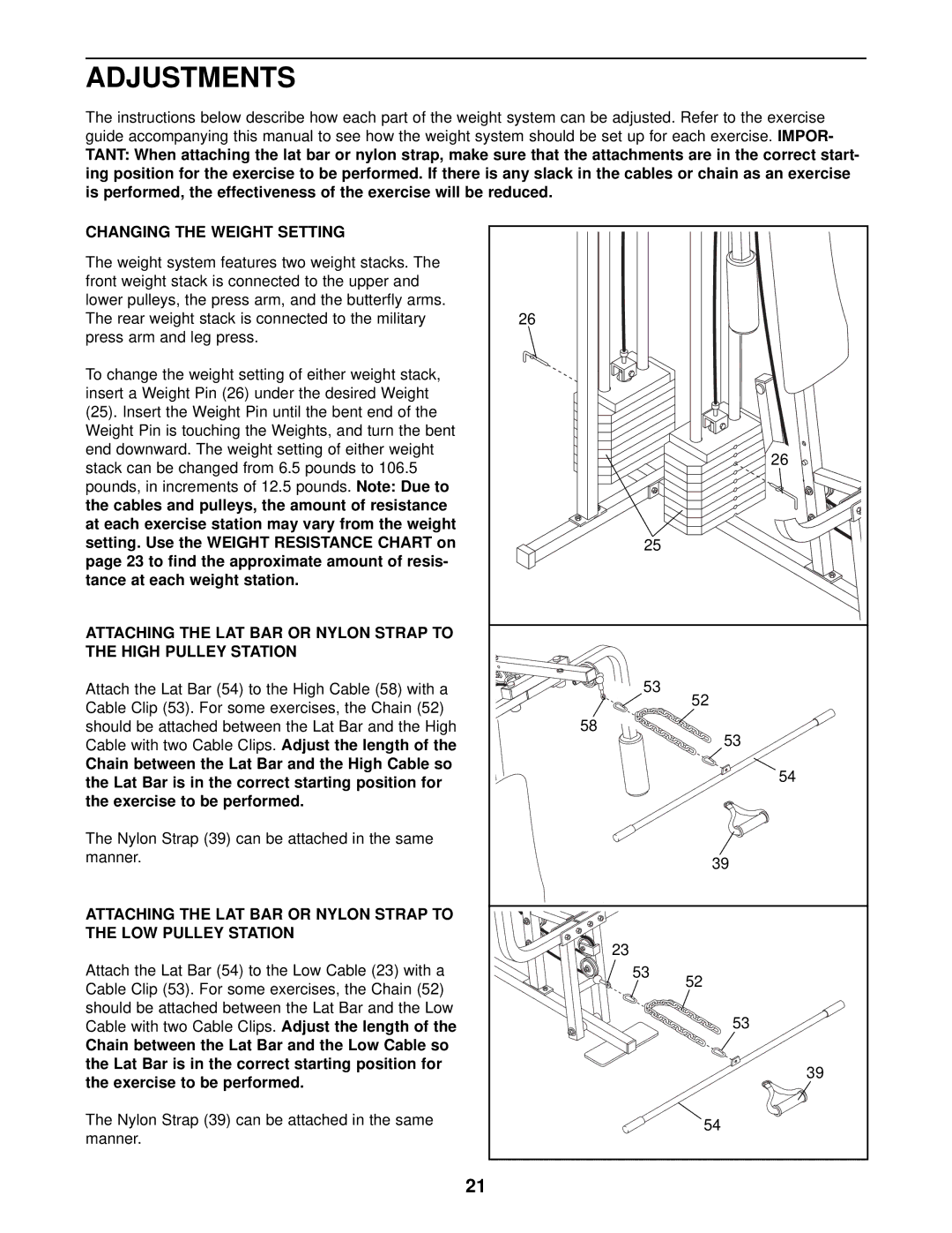 Weider WESY39311 user manual Adjustments, Changing the Weight Setting 