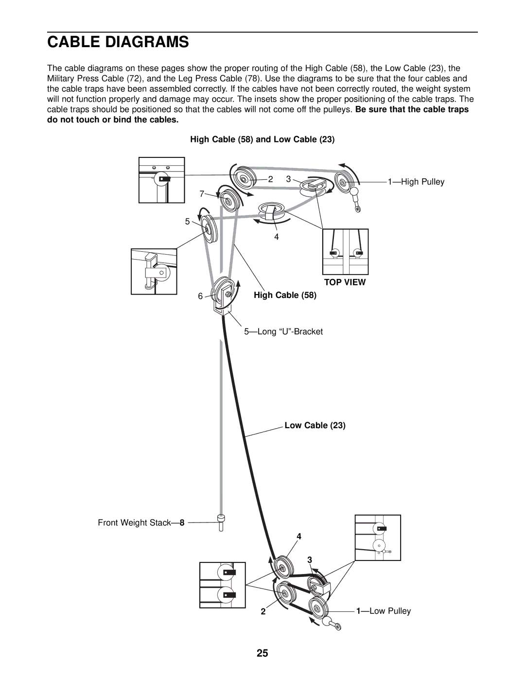 Weider WESY39311 user manual Cable Diagrams, High Cable 58 and Low Cable, TOP View 