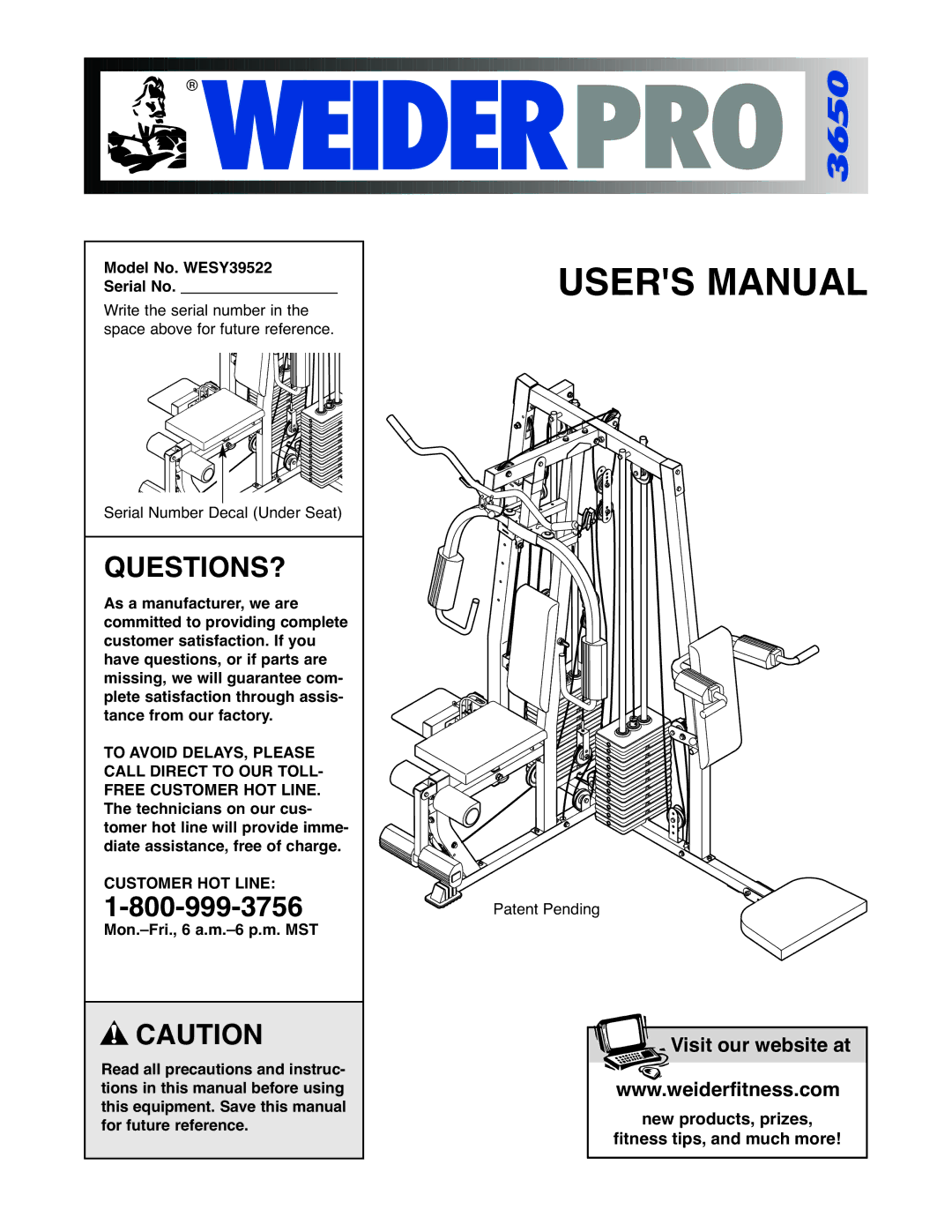 Weider user manual Questions?, Model No. WESY39522 Serial No, Customer HOT Line 