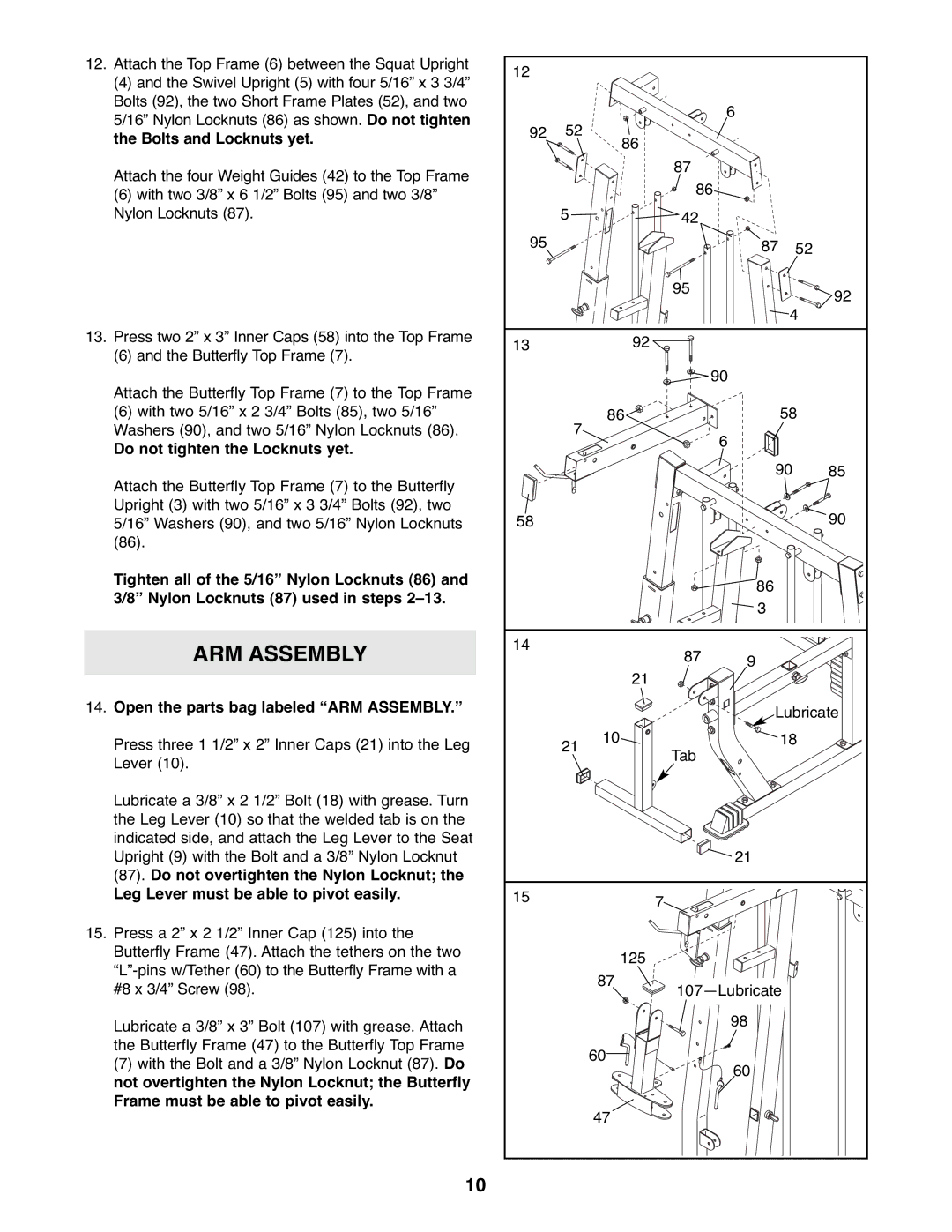 Weider WESY39522 user manual Do not tighten the Locknuts yet, Open the parts bag labeled ARM Assembly 