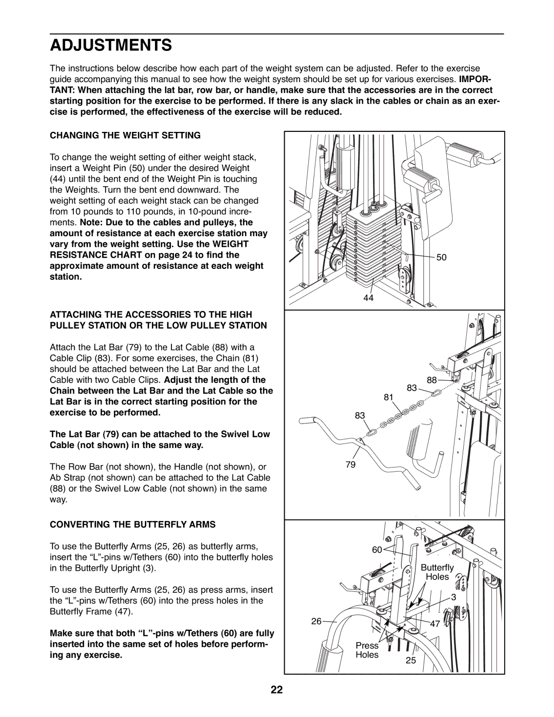 Weider WESY39522 user manual Adjustments, Changing the Weight Setting, Converting the Butterfly Arms, Ing any exercise 