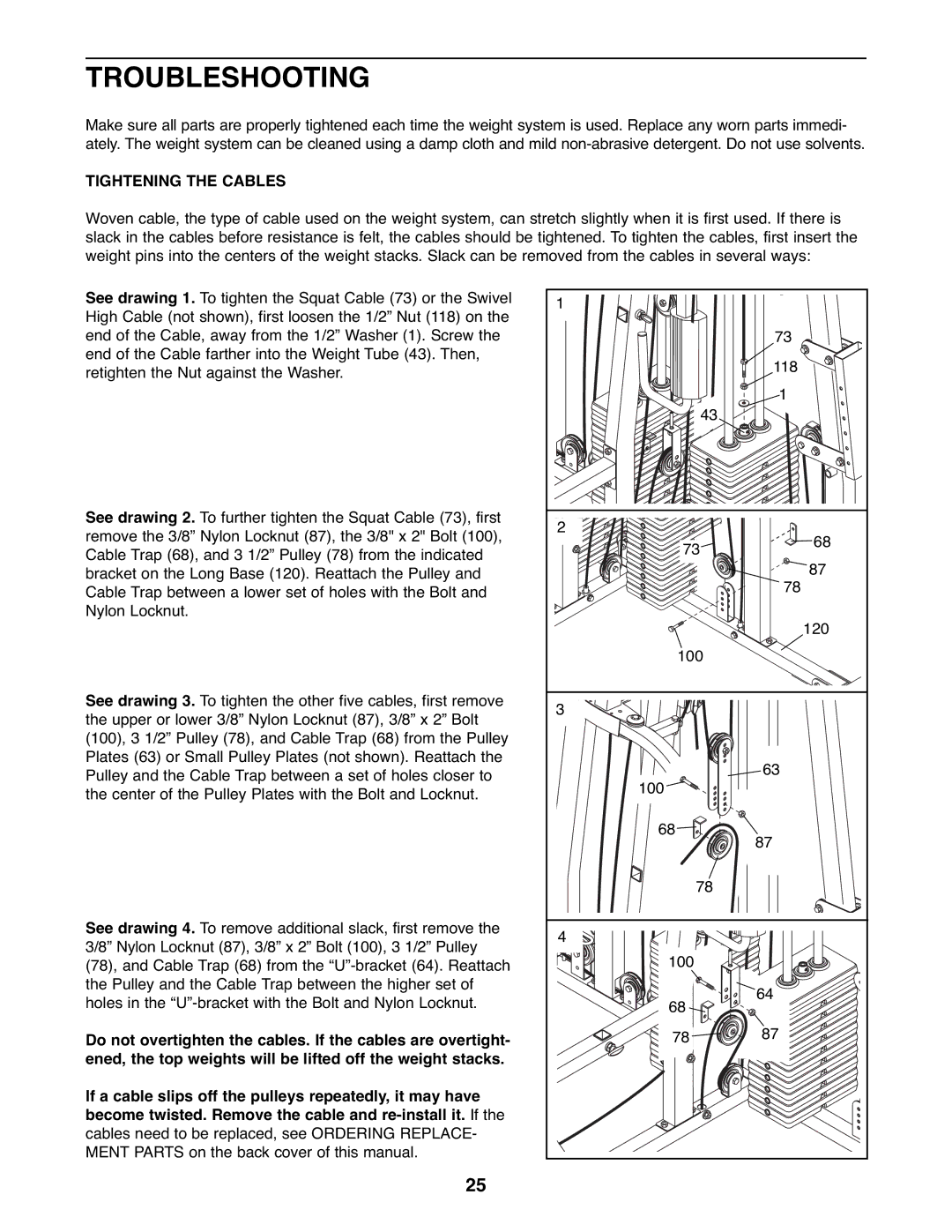 Weider WESY39522 user manual Troubleshooting, Tightening the Cables 