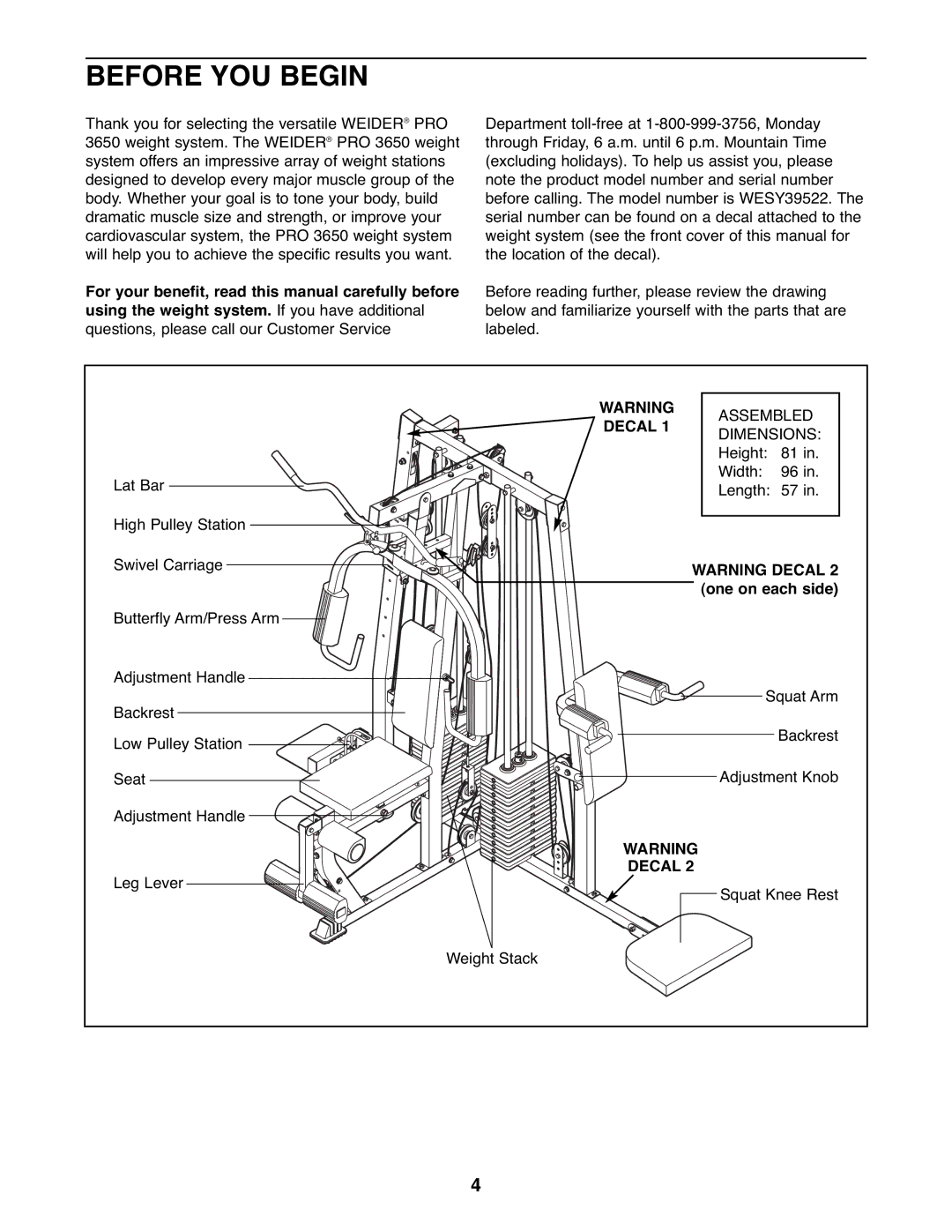 Weider WESY39522 user manual Before YOU Begin, For your benefit, read this manual carefully before, Decal, One on each side 