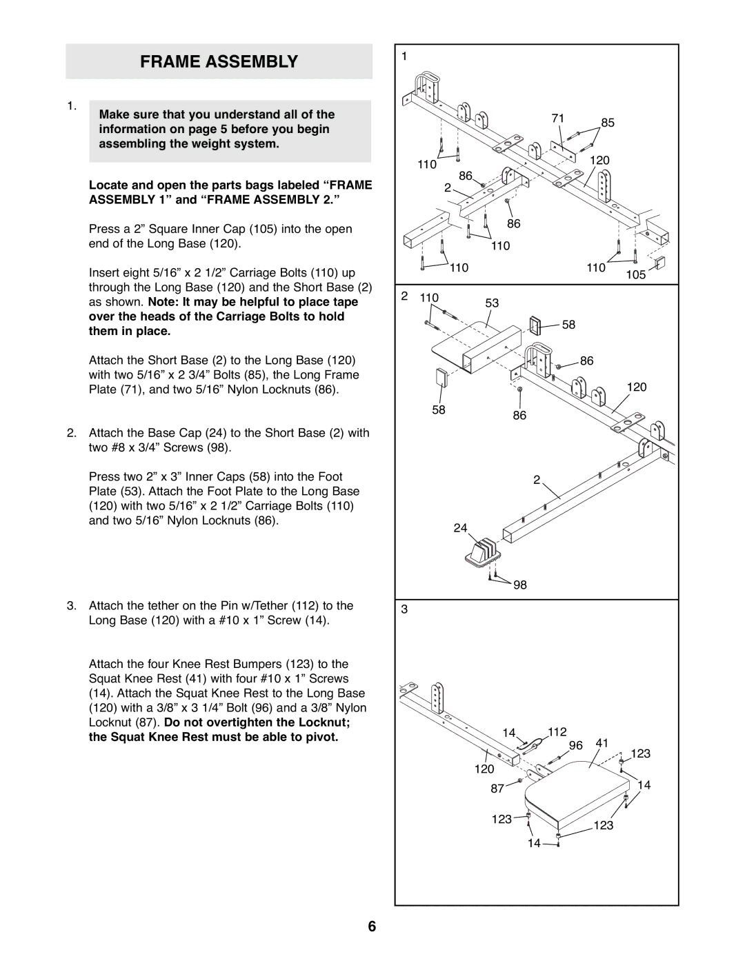 Weider WESY39522 user manual Frame Assembly 