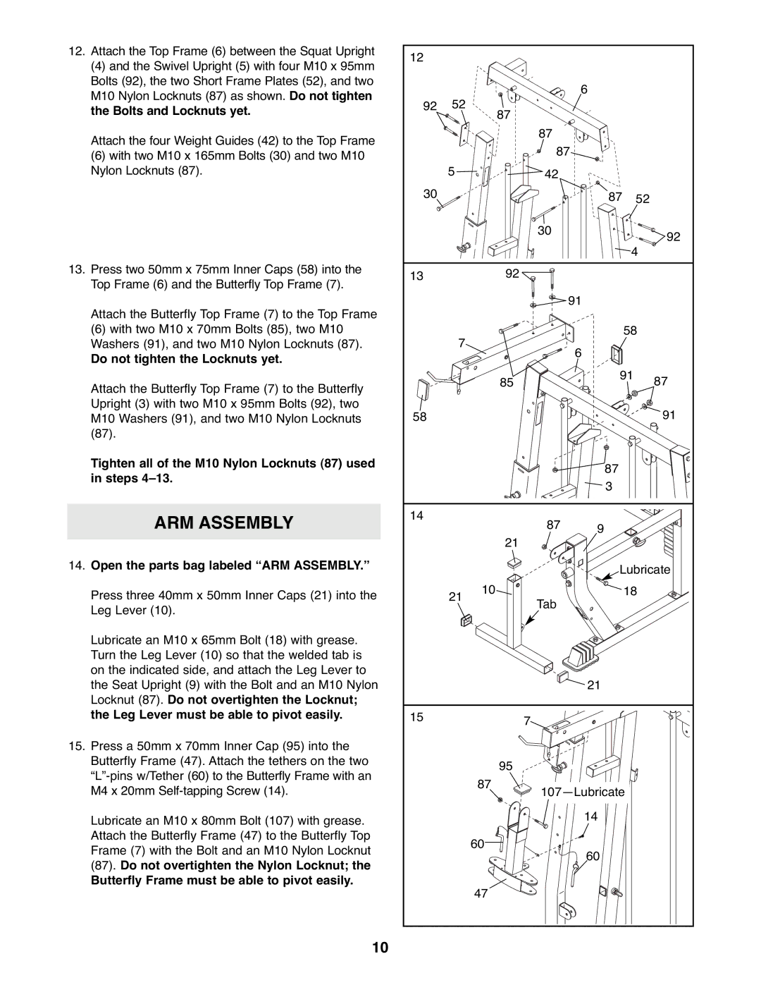 Weider WESY39523 Tighten all of the M10 Nylon Locknuts 87 used in steps, Open the parts bag labeled ARM Assembly 