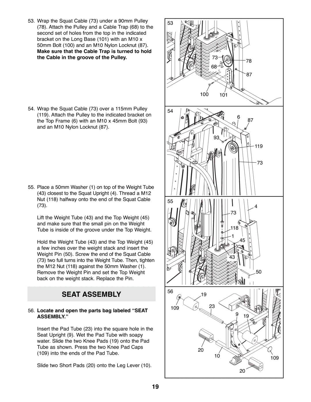 Weider WESY39523 user manual Locate and open the parts bag labeled Seat Assembly 