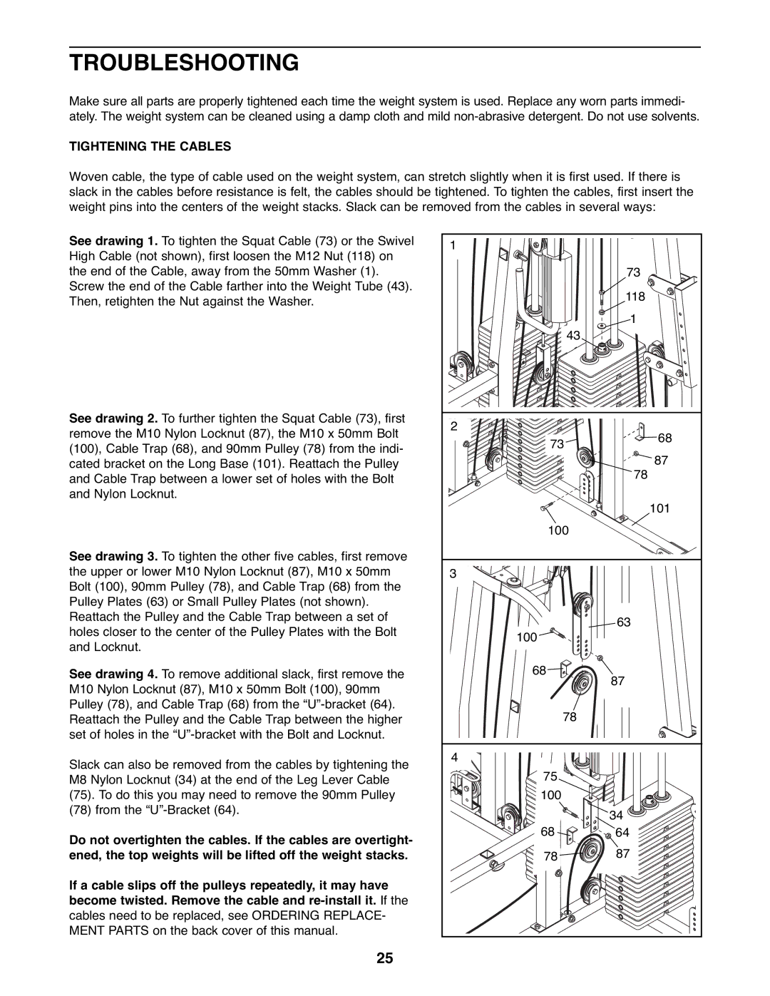 Weider WESY39523 user manual Troubleshooting, Tightening the Cables 