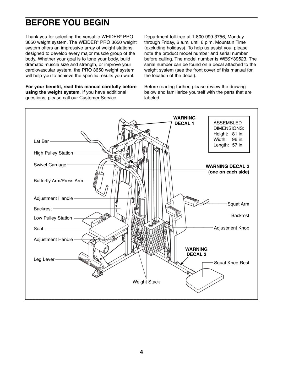 Weider WESY39523 user manual Before YOU Begin, For your benefit, read this manual carefully before, Decal, One on each side 