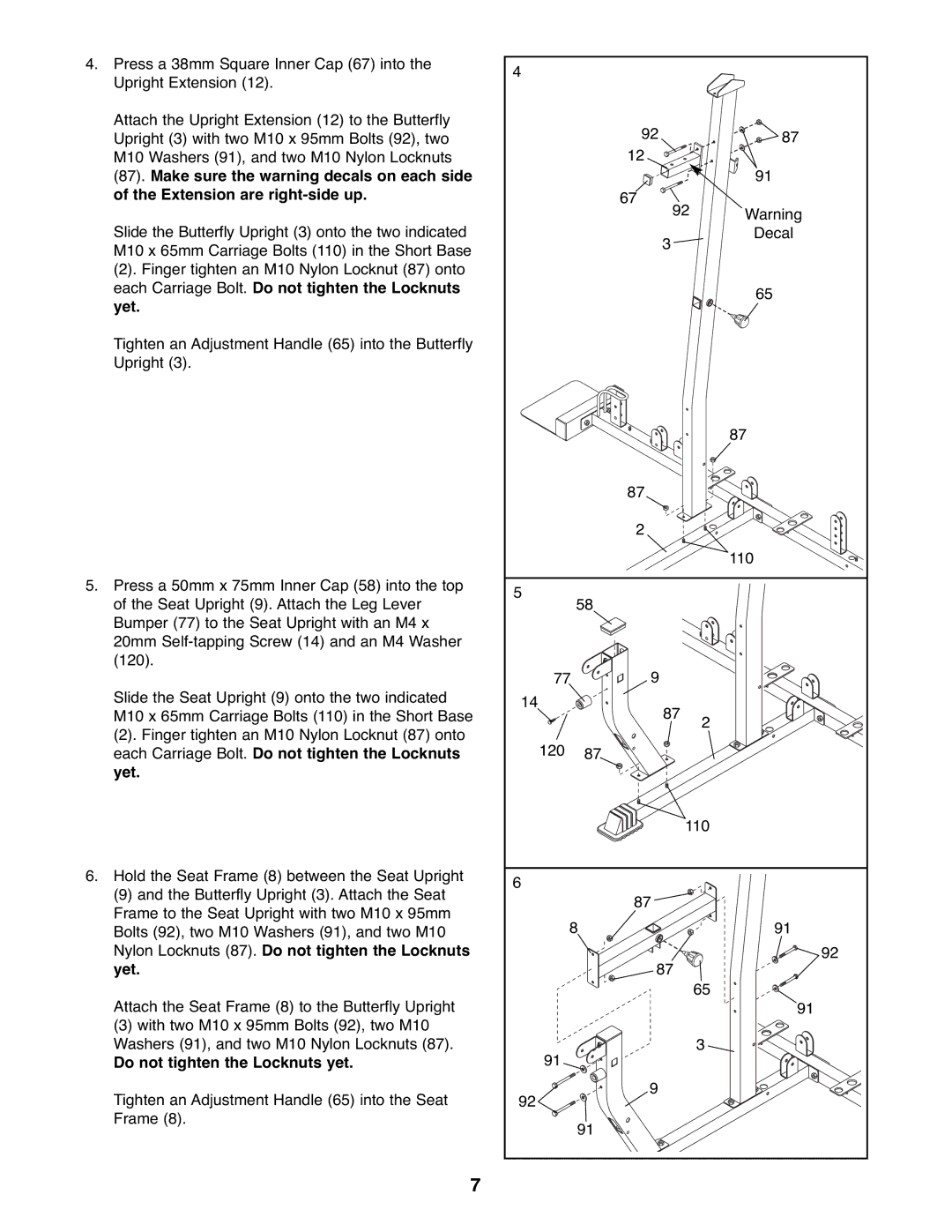 Weider WESY39523 user manual Do not tighten the Locknuts yet 