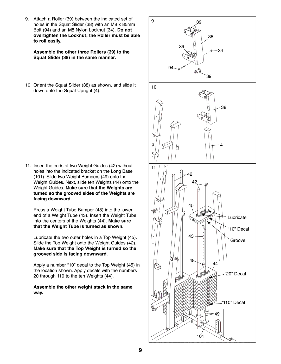 Weider WESY39523 user manual Assemble the other weight stack in the same way 