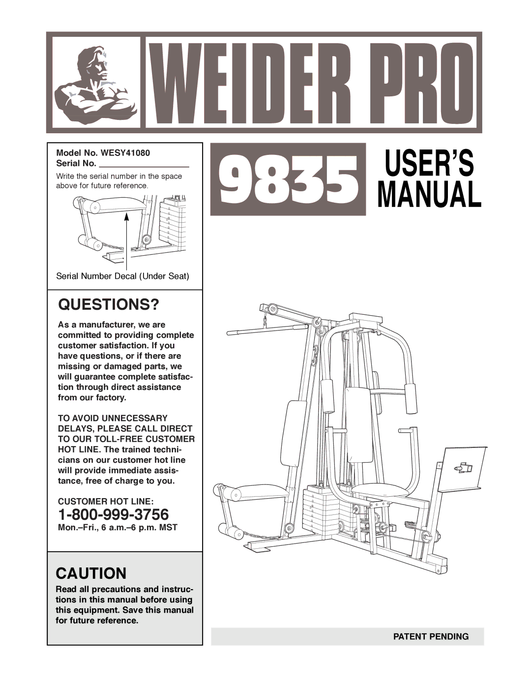 Weider manual Questions?, Model No. WESY41080 Serial No 