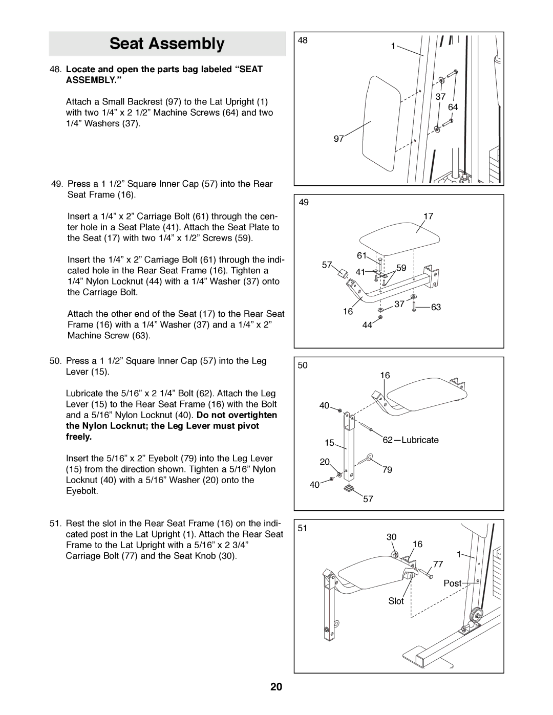 Weider WESY41080 manual Seat Assembly, Locate and open the parts bag labeled Òseat ASSEMBLY.Ó 