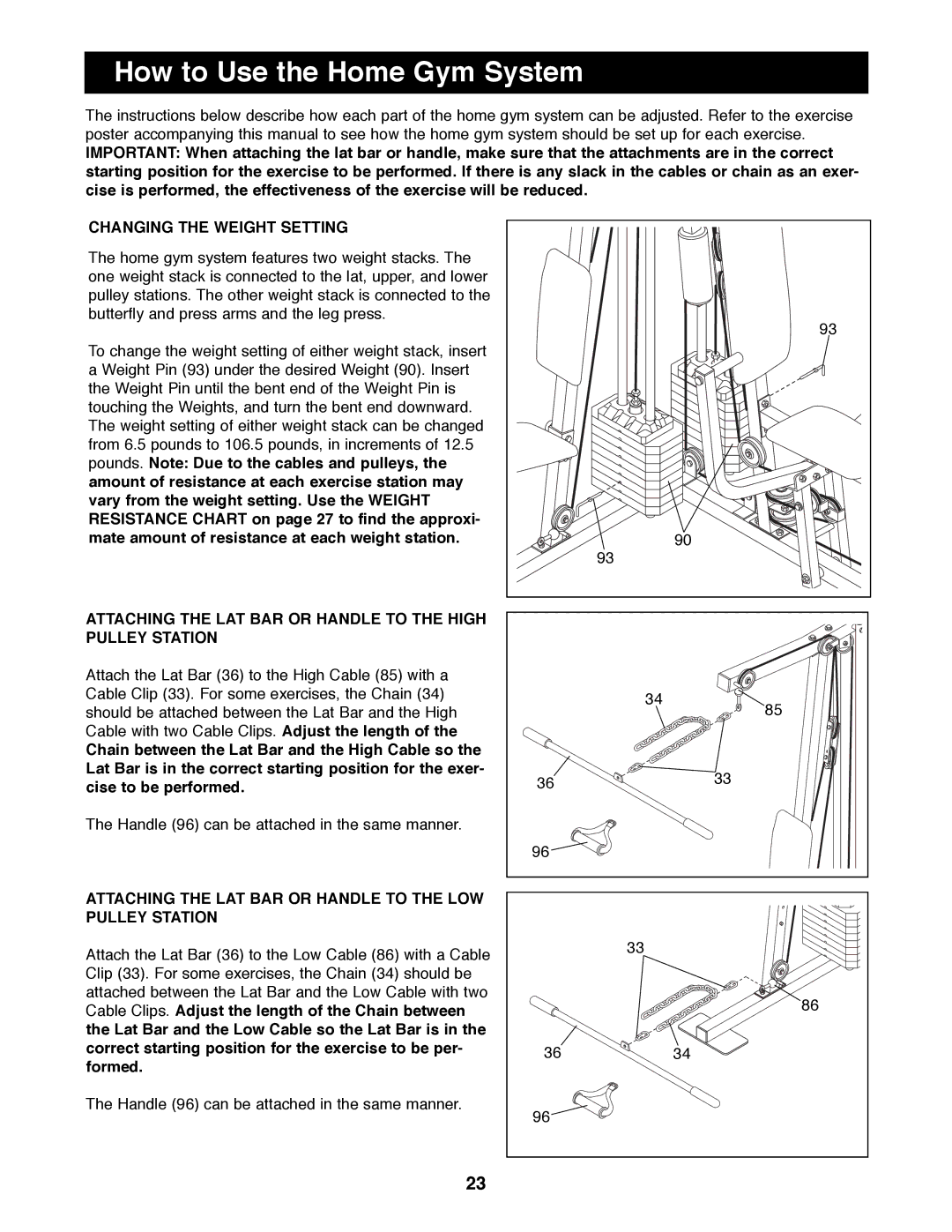 Weider WESY41080 manual How to Use the Home Gym System, Changing the Weight Setting 