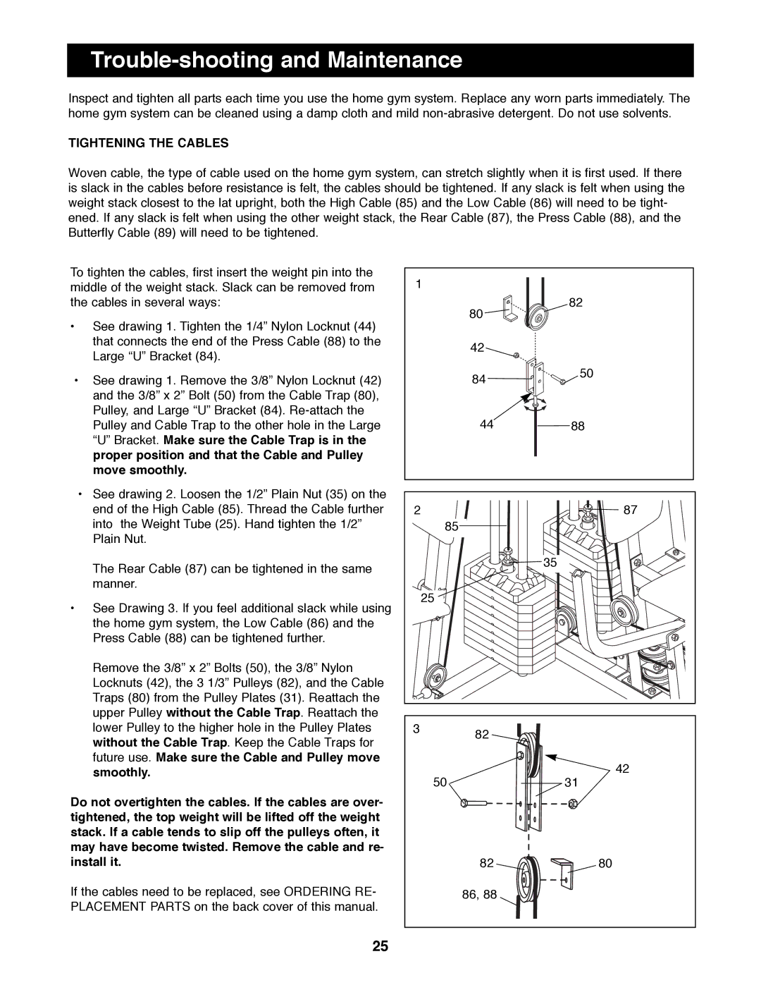 Weider WESY41080 manual Trouble-shooting and Maintenance, Tightening the Cables 