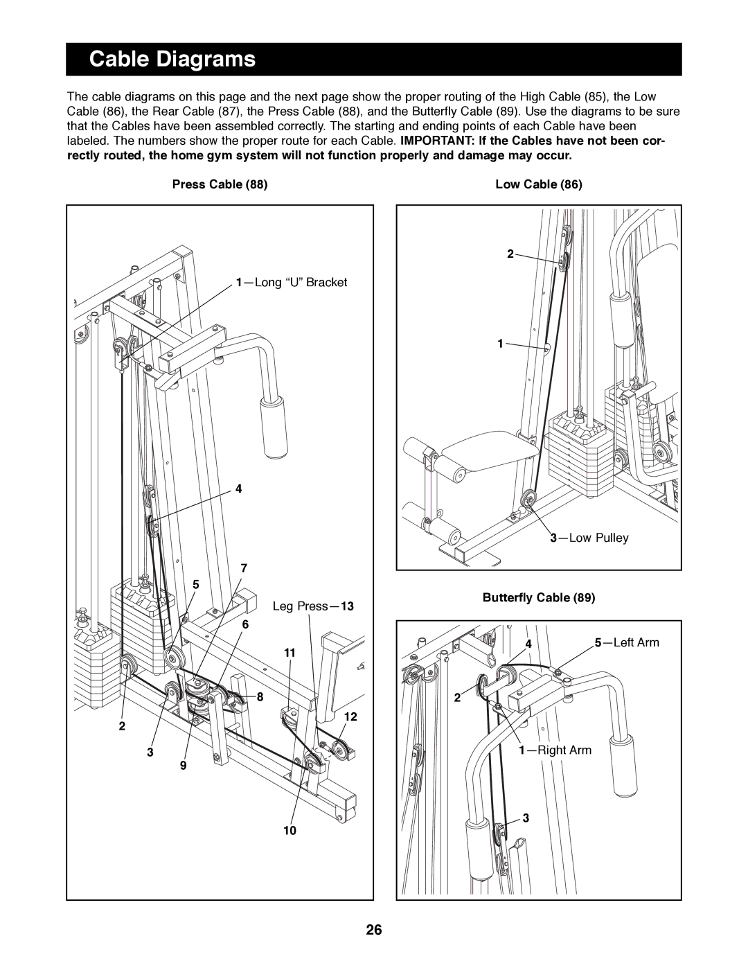 Weider WESY41080 manual Cable Diagrams, Press Cable Low Cable, Butterfly Cable 5ÑLeft Arm 1ÑRight Arm 