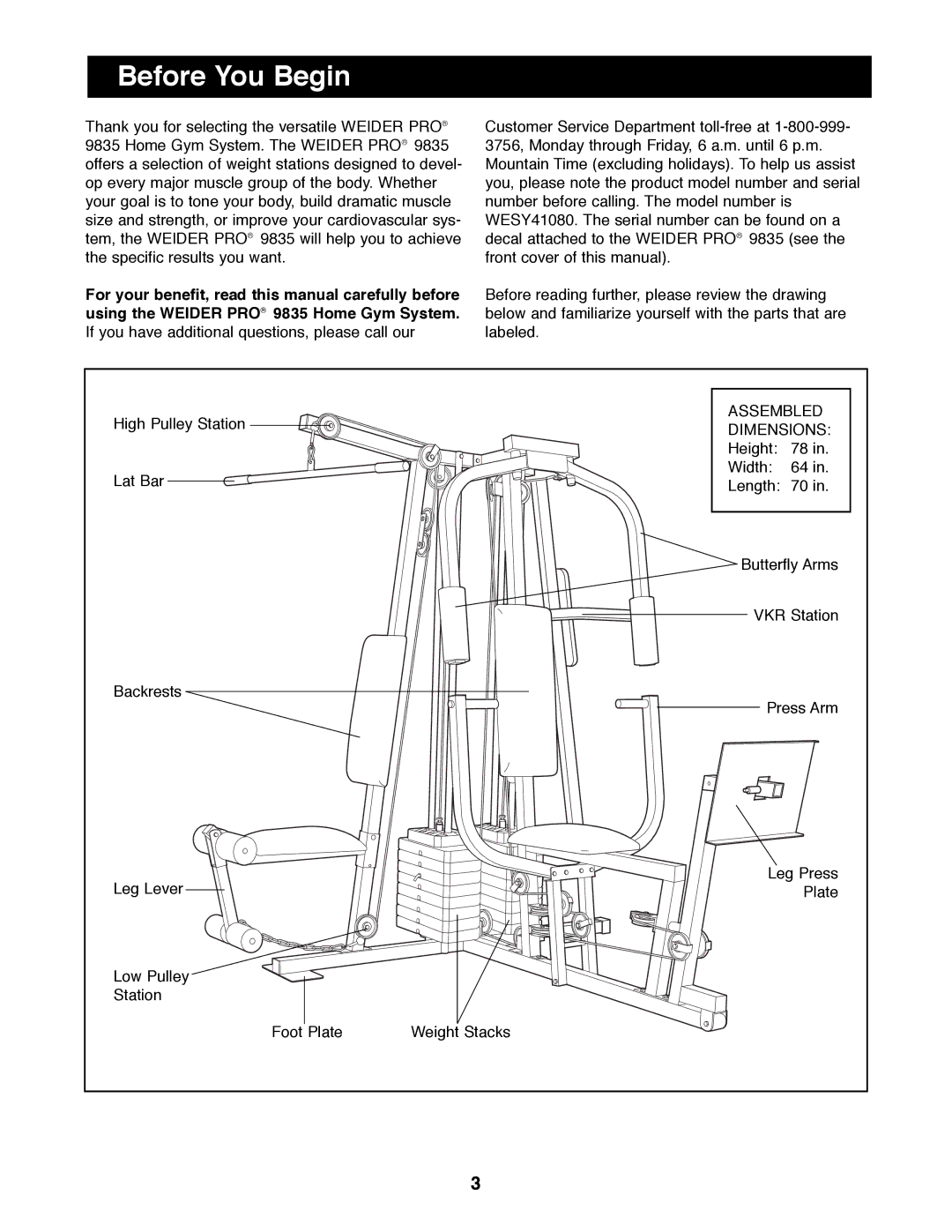 Weider WESY41080 manual Before You Begin, Dimensions 