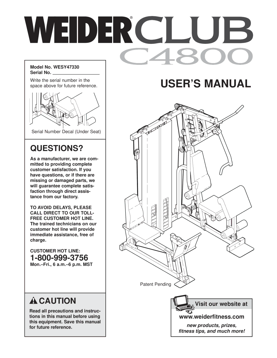 Weider user manual Questions?, Model No. WESY47330 Serial No, Customer HOT Line 