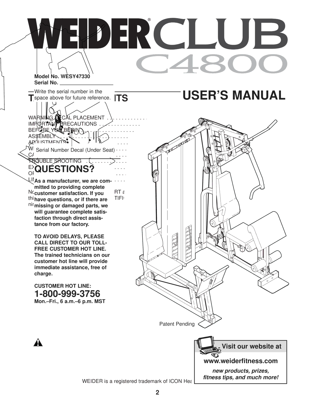 Weider WESY47330 user manual Table of Contents 