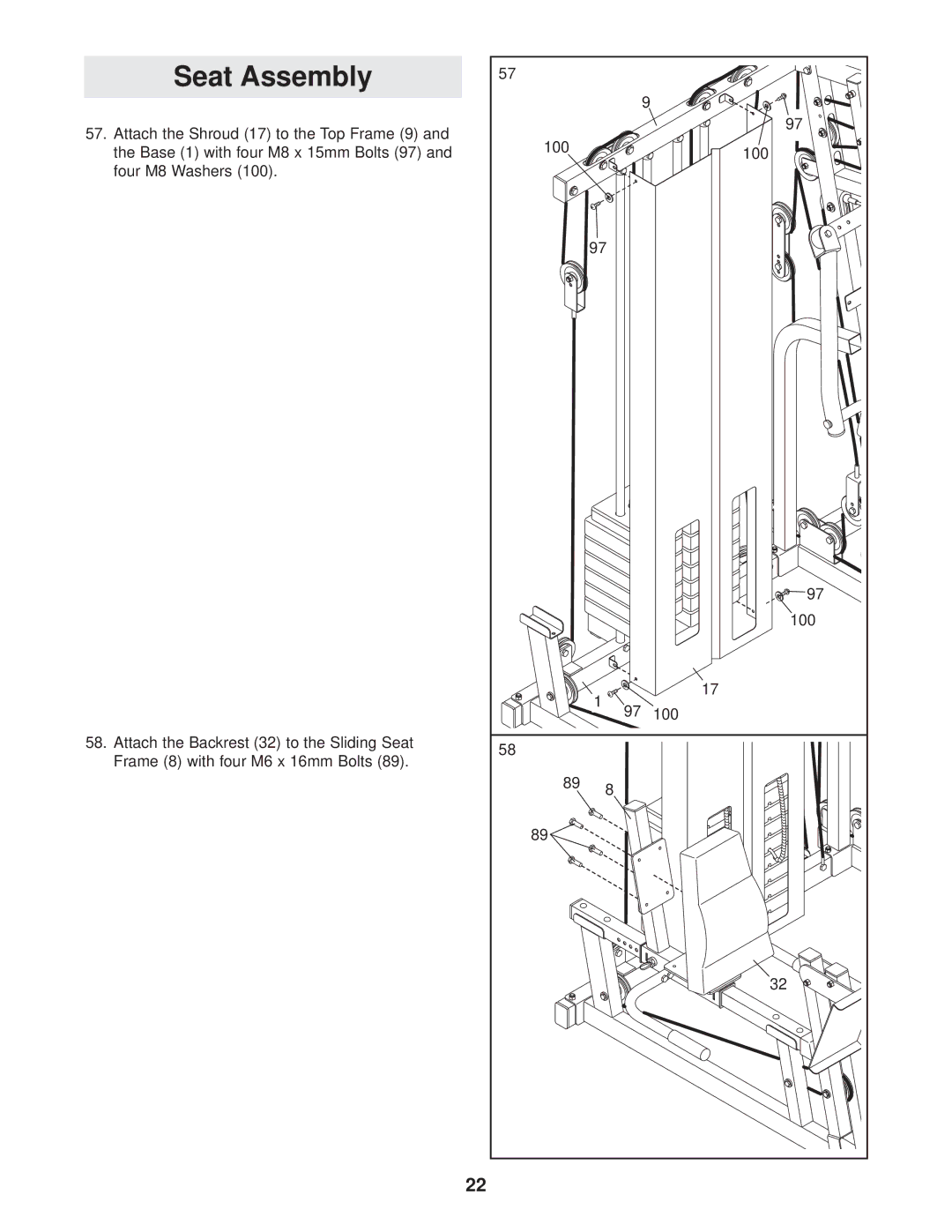 Weider WESY47330 user manual Seat Assembly 