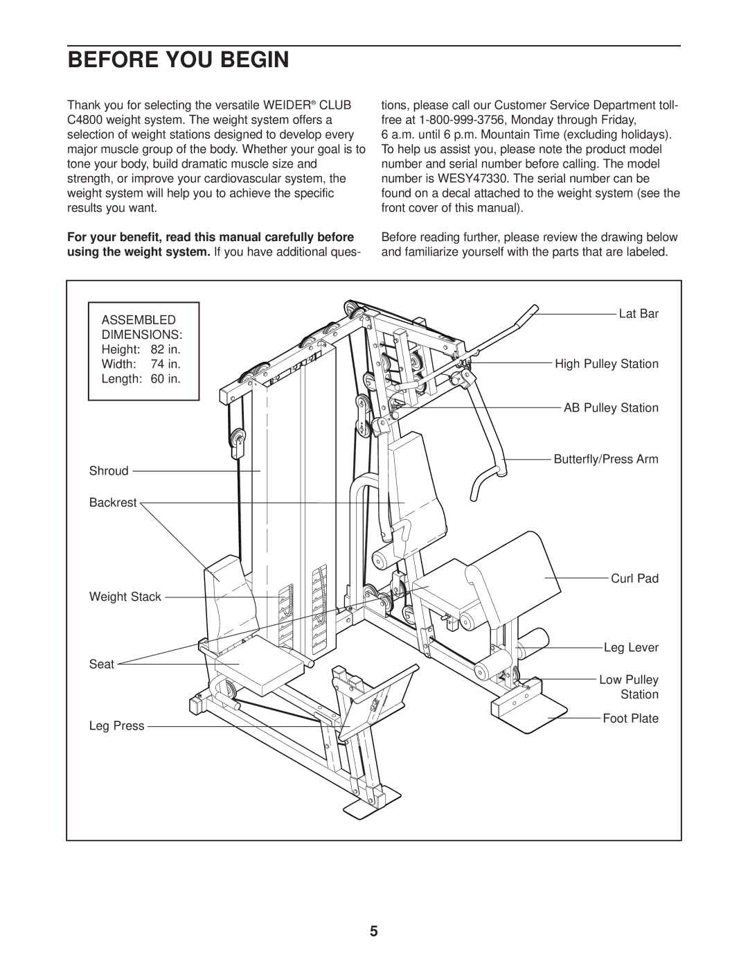 Weider WESY47330 user manual Before YOU Begin, Dimensions 